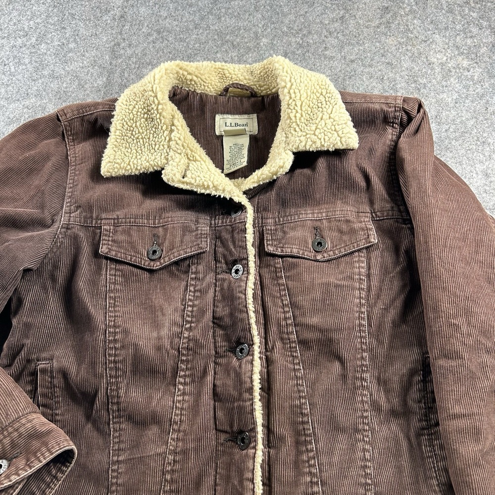 Vintage LL Bean Jacket Womens Medium Brown Corduroy Sherpa Lined Trucker - Picture 3 of 8